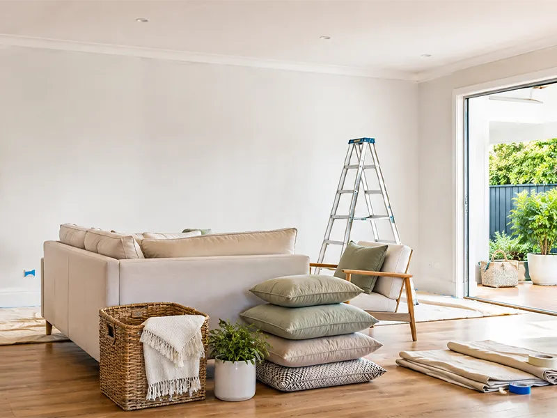 furniture moved away from wall in preparation for painting