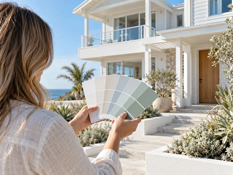 woman choosing coastal colours for home exterior